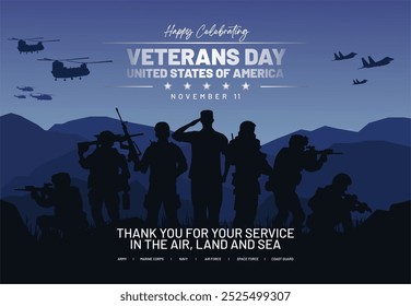 Happy Veterans Day 2024 Design Concept. US Armed Forces Silhouette on the Beautiful Valley.  Honoring All Who Served. Veterans Day Celebration November 11 Background, Banner, Template, Poster.