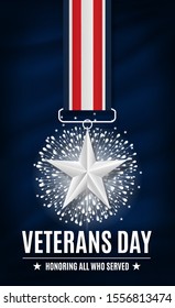 Happy Veterans Day. Ambient patriotic template for advertising card, flyer, Leaflet. Decorated with Silver star on the ribbon, firework and holiday text on top of blue cloth fabric.