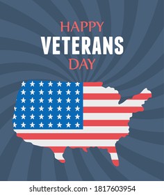 happy veterans day, american flag in map, US military armed forces soldier vector illustration