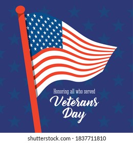 happy veterans day, american flag in pole stars blue background vector illustration