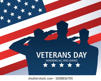 happy veterans day, american flag with soldiers in silhouette vector illustration