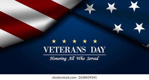 Happy Veterans Day. American flag and star. Great for posters, banners and social media. Blue background.