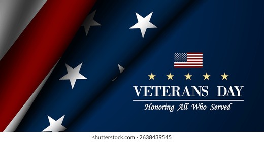 Happy Veterans Day. American flag and more. Great for posters, banners and social media. Blue background.