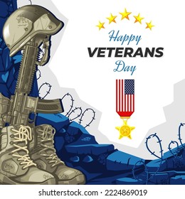 Happy Veterans Day with Army Equipments Illustration