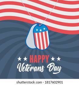 happy veterans day, army token on waving american flag, US military armed forces soldier vector illustration