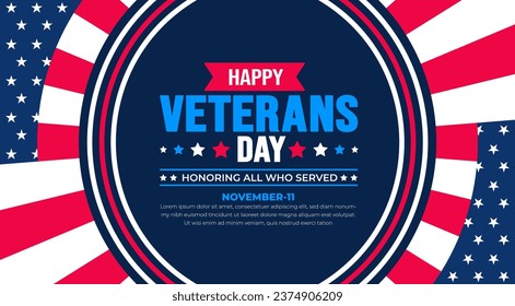 happy Veterans Day background design template with american flag. Honoring all who served. background, banner, placard, card, and poster design template. Vector illustration.