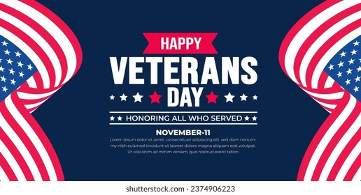 happy Veterans Day background design template with american flag. Honoring all who served. background, banner, placard, card, and poster design template. Vector illustration.