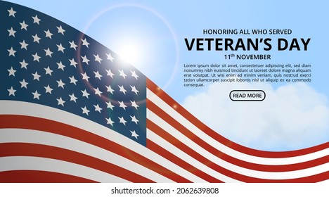 Happy veterans day background with the flag under summer sky illustration