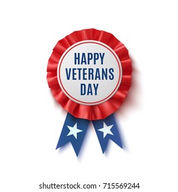 Happy veterans Day badge. Realistic, patriotic, blue and red label with ribbon, isolated on white background. Poster, brochure or greeting card template. Vector illustration.