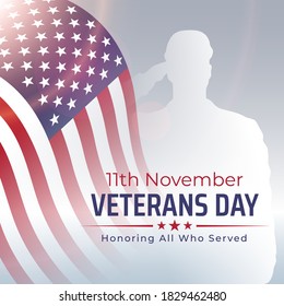 Happy veterans day banner, greeting card. Waving american flag on light background. National holiday of the USA veterans day 11 November. Poster, typography design, vector illustration