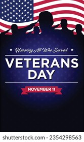 Happy veterans day banner, greeting card, poster. Honoring All Who Served. Military, soldier. American flag. National holiday of USA veterans day November 11. Vector design, illustration