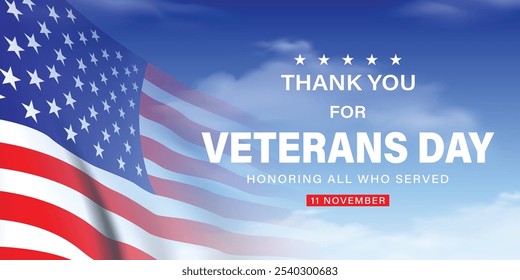 Happy Veterans Day banner. Honoring all who served. Vector illustration