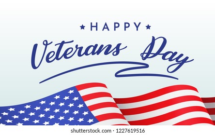 Happy veterans day, banner, poster, card with congratulations, American flag and inscription on white background, vector illustration