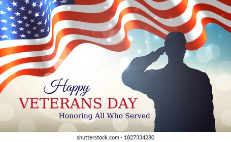 Happy veterans day banner. Waving american flag, silhouette of a saluting us army soldier veteran on bokeh sky background. US national day november 11. Poster, typography design, vector illustration