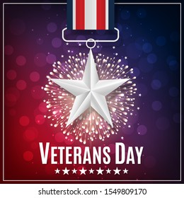 Happy Veterans Day. Beautiful patriotic template for advertising card, flyer, poster, banner. Decorated with Silver star on the ribbon, firework and holiday text on top of colorful background.