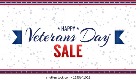 Happy Veterans Day. beautiful patriotic template for sale promotion and advertising card, flyer, poster, banner. Decorated with ribbons, paper cut, sale message and scattered stars.