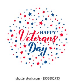 Happy Veterans Day calligraphy hand lettering with red and blue stars. American holiday banner. Easy to edit vector template for typography poster, flyer, sticker, greeting card, postcard, t-shirt.