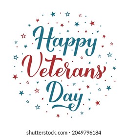 Happy Veterans Day calligraphy hand lettering with red and blue stars. American holiday typography poster. Easy to edit vector template for banner, flyer, greeting card,  t-shirt, etc.