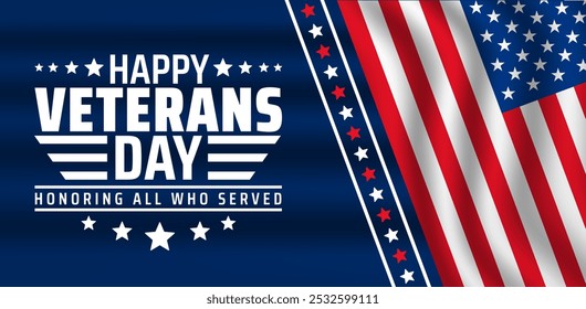 happy Veterans day celebration background or banner design template with usa flag. Honoring all who served. Veterans day background with american flag.