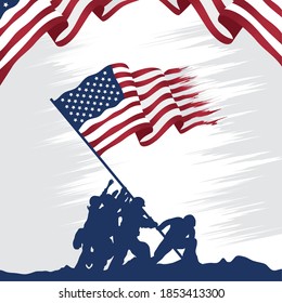 happy veterans day celebration card with soldiers lifting usa flag vector illustration design