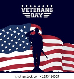 happy veterans day celebration card with soldier saludating in usa flag vector illustration design