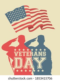 happy veterans day celebration card with soldiers saludating usa flag vector illustration design