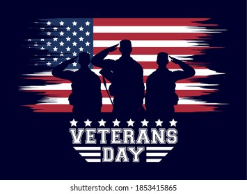 happy veterans day celebration card with soldiers saludating in usa flag vector illustration design