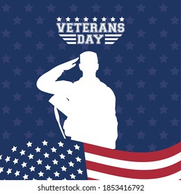 happy veterans day celebration card with soldier saludating usa flag in pole vector illustration design