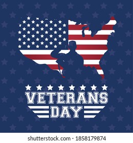 happy veterans day celebration card with soldier saludating in usa map and flag vector illustration design