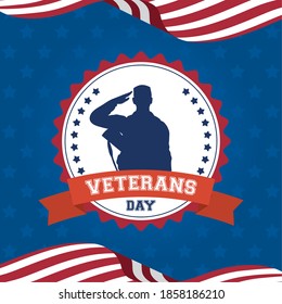 happy veterans day celebration card with soldier saludating in seal and usa flags vector illustration design