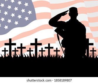 happy veterans day celebration card with soldier saludating and usa flag in cemetery vector illustration design