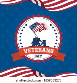 happy veterans day celebration card with soldiers lifting usa flag in seal vector illustration design