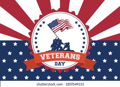 happy veterans day celebration card with soldiers lifting usa flag in seal vector illustration design