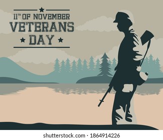 happy veterans day celebration card with soldier walking in lake scene vector illustration design