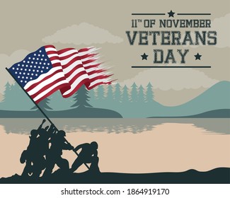 feliz tarjeta de celebración del día de los veteranos con soldados levantando la bandera de los ee.uu. en el diseño de ilustración vectorial de la escena del lago