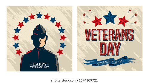 happy veterans day celebration with military and stars vector illustration design