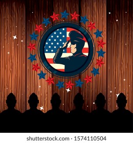 happy veterans day celebration with military and flag in wooden background vector illustration design