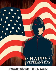 happy veterans day celebration with military and flag vector illustration design