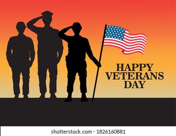 happy veterans day celebration with military officer and soldiers saluting lifting flag vector illustration design