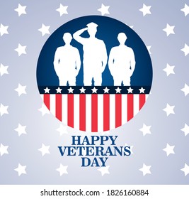 happy veterans day celebration with military officer and soldiers saluting in circular frame vector illustration design