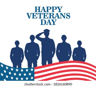 happy veterans day celebration with military officer and soldiers saluting and flag vector illustration design