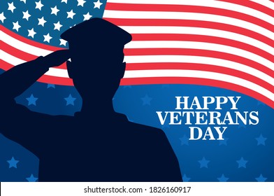 happy veterans day celebration with military officer saluting and usa flag vector illustration design