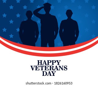 happy veterans day celebration with military officer and soldiers saluting silhouettes vector illustration design
