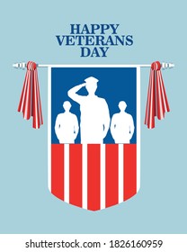 happy veterans day celebration with military officer and soldiers saluting in shield vector illustration design