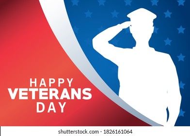 happy veterans day celebration with military officer saluting silhouette vector illustration design
