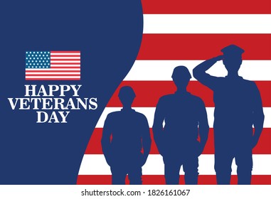 happy veterans day celebration with military officer and soldiers saluting in flag background vector illustration design
