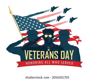 Happy veterans day celebration with military hero officer and soldiers saluting on the background of the US flag. Vector illustration design