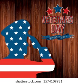 happy veterans day celebration with silhouette military and flag in wooden background vector illustration design