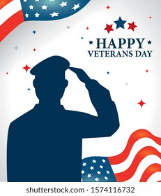 happy veterans day celebration with silhouette military and flag vector illustration design