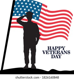 happy veterans day celebration with soldier saluting and usa flag vector illustration design